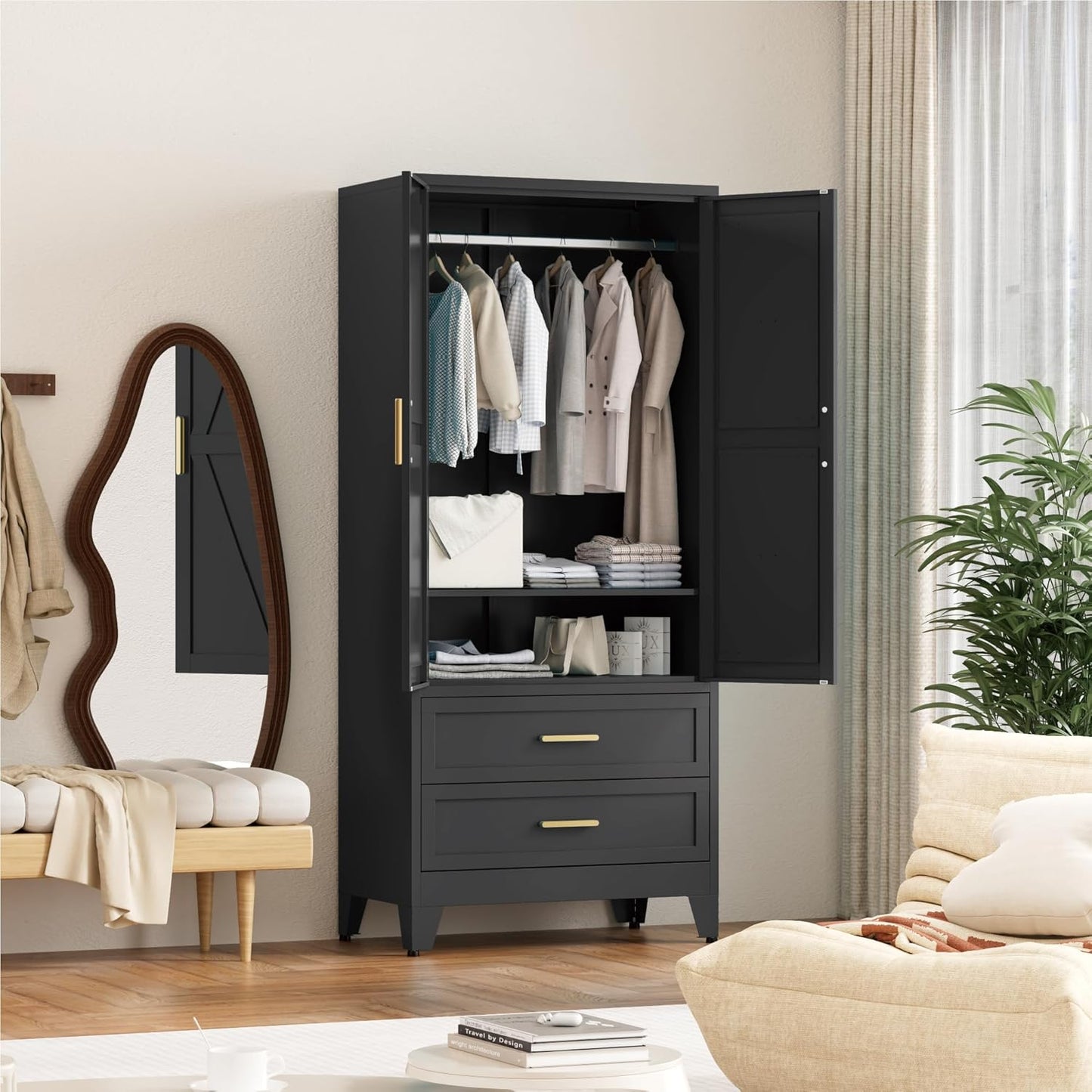 71'' Farmhouse Metal Wardrobe Cabinet with Hanging Rod, 2 Barn Door Wardrobe Closet with Adjustable