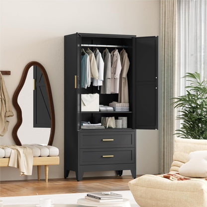 71'' Farmhouse Metal Wardrobe Cabinet with Hanging Rod, 2 Barn Door Wardrobe Closet with Adjustable