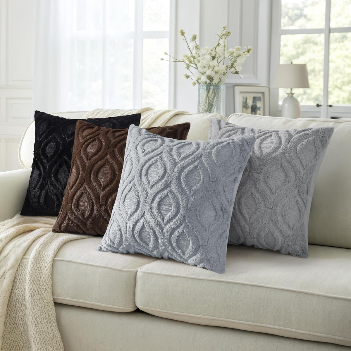 decorUhome Fall Throw Pillow Covers 16x16 Inch Set of 2, Soft Plush Decorative Faux Fur Blue Grey