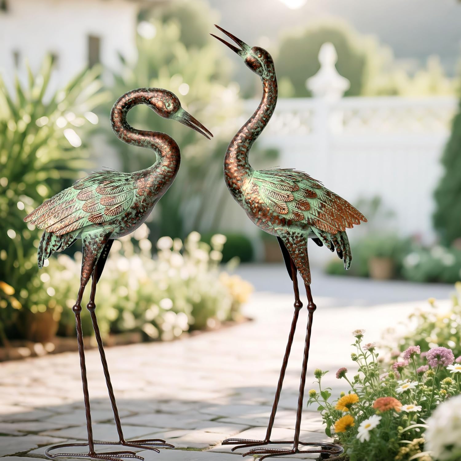 Shorayn Garden Crane Statues, Blue Heron Sculptures for Outdoor, Cranes Decor Metal Bird, Patina