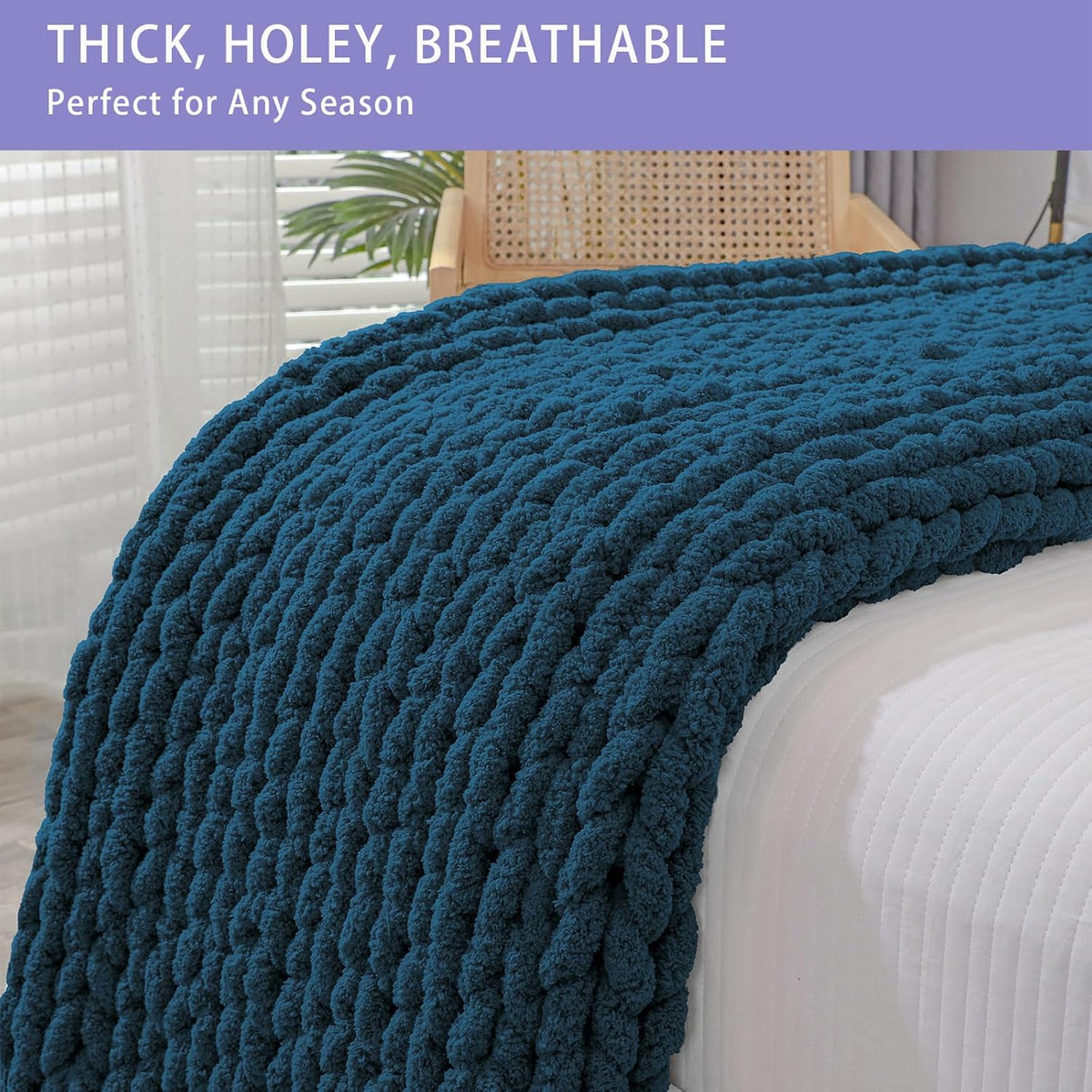 Bigacogo Chunky Knit Throw Blanket for Couch, 40x40 inches, 100% Hand Knitted with Thick Jumbo
