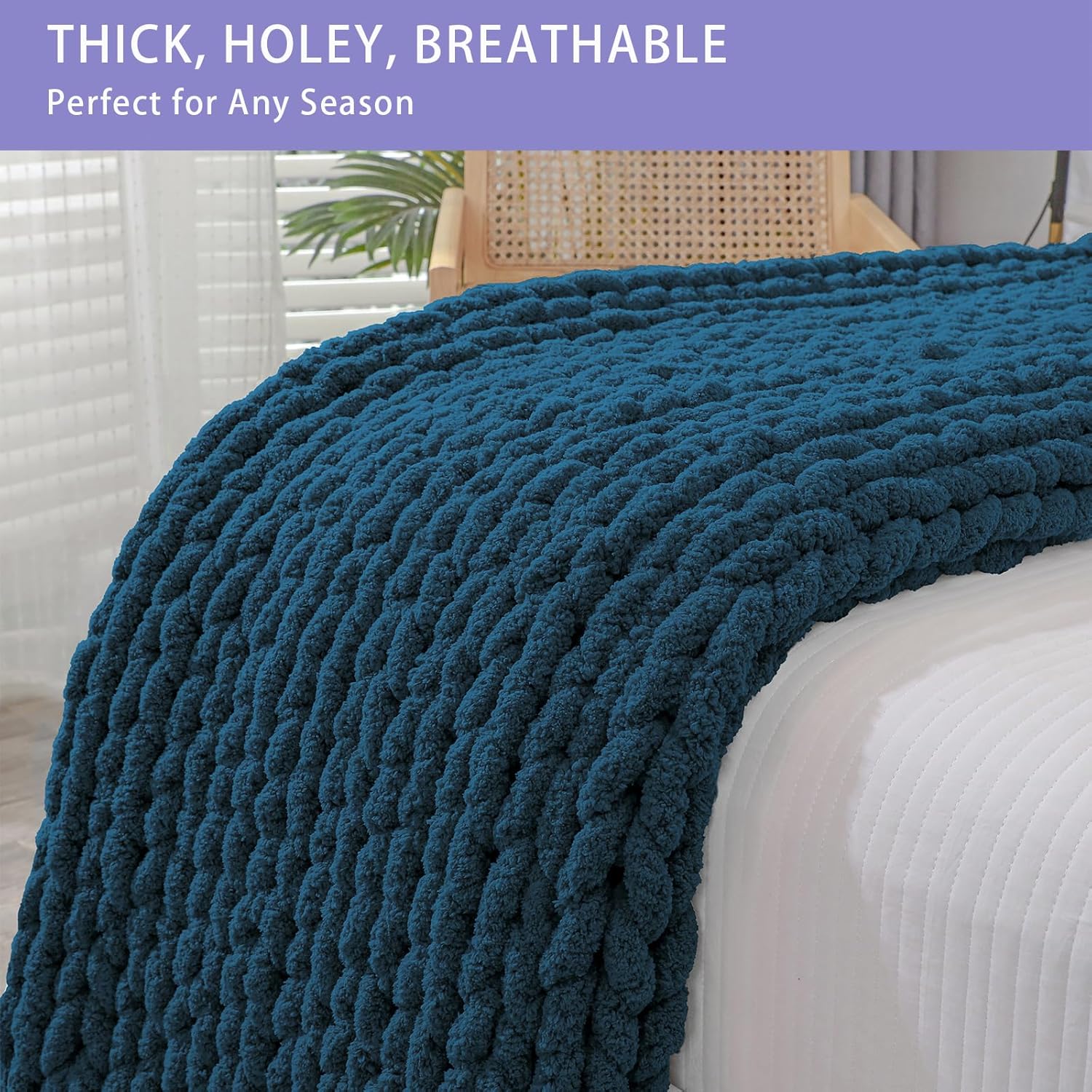 Bigacogo Chunky Knit Throw Blanket for Couch, 51x63 inches, 100% Hand Knitted with Thick Jumbo