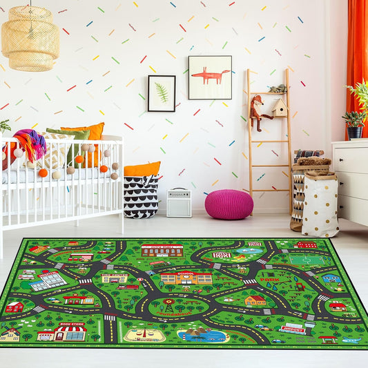 Kids Carpet Playmat Rug 8 x 10 ft Player Car Rug, City Life Traffic Road Map Mat Educational Game
