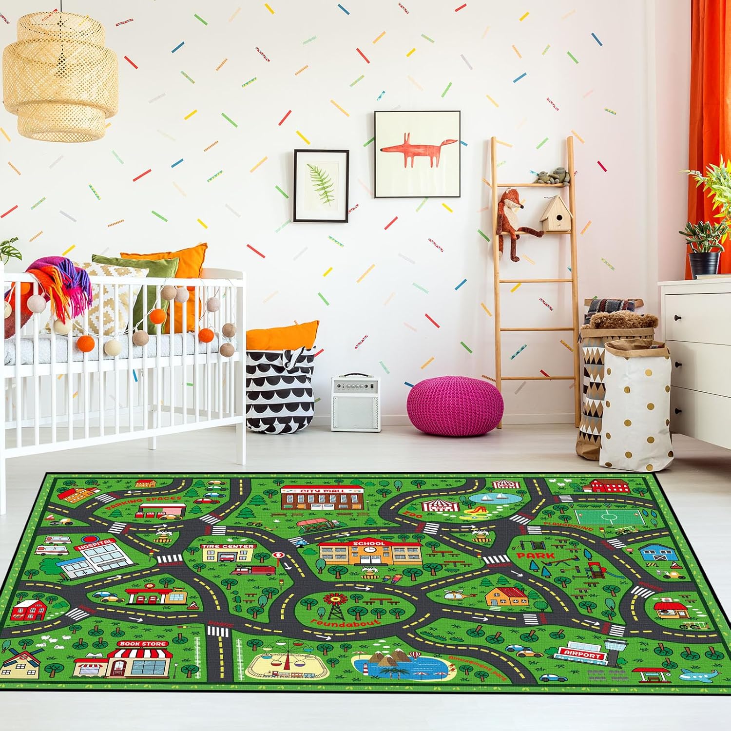 Kids Carpet Playmat Rug 4 x 6 ft Player Car Rug, City Life Traffic Road Map Mat Educational Game