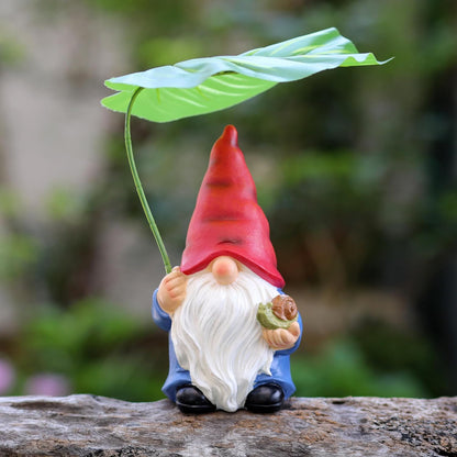 Garden Gnome Statue Decoration with Leaf Umbrella, 7.5” Figurine Ornament for Indoor Outdoor Home