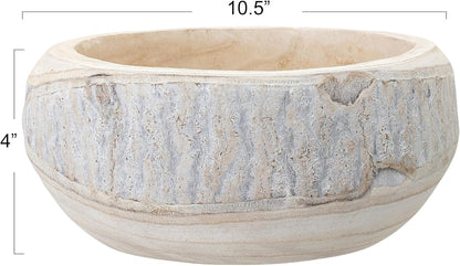 Bloomingville Decorative Hand-Carved Paulownia Wood Bowl, Whitewashed, 10.5 in Diameter, 4.25 in