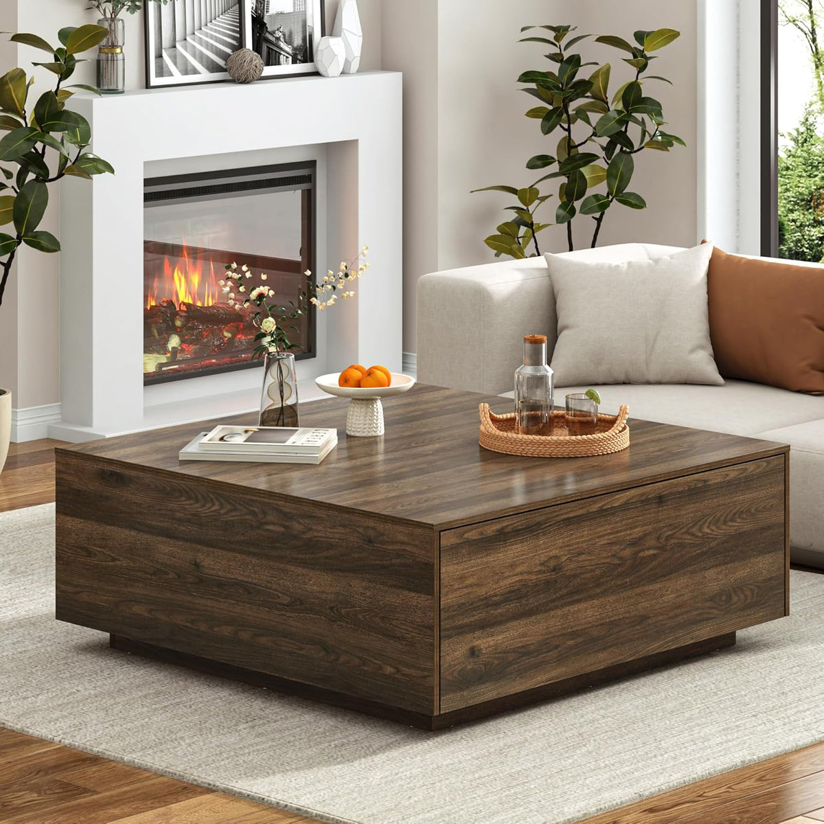 43” Square Coffee Table with Storage, Modern Large Square Center Table with 2 Drawers, Wood Coffee