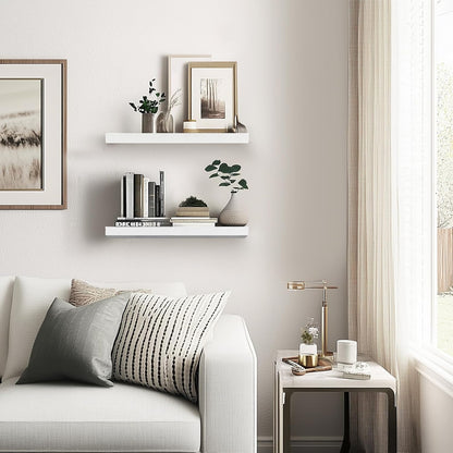 Floating Wall Shelves - 16"x6.8"x1.2" Sturdy Rustic White Solid Wood Shelves for Storage and Décor