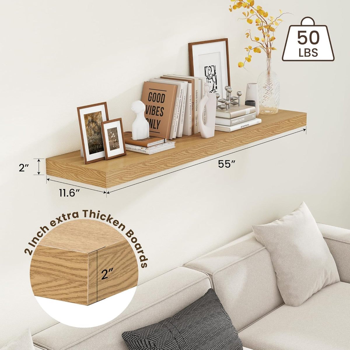 Deep Floating Shelves for Wall - 55 Inch Wide x 12 Inch Deep Wall Shelves Set of 1 - Rustic Oak