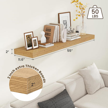 Deep Floating Shelves for Wall - 55 Inch Wide x 12 Inch Deep Wall Shelves Set of 1 - Rustic Oak