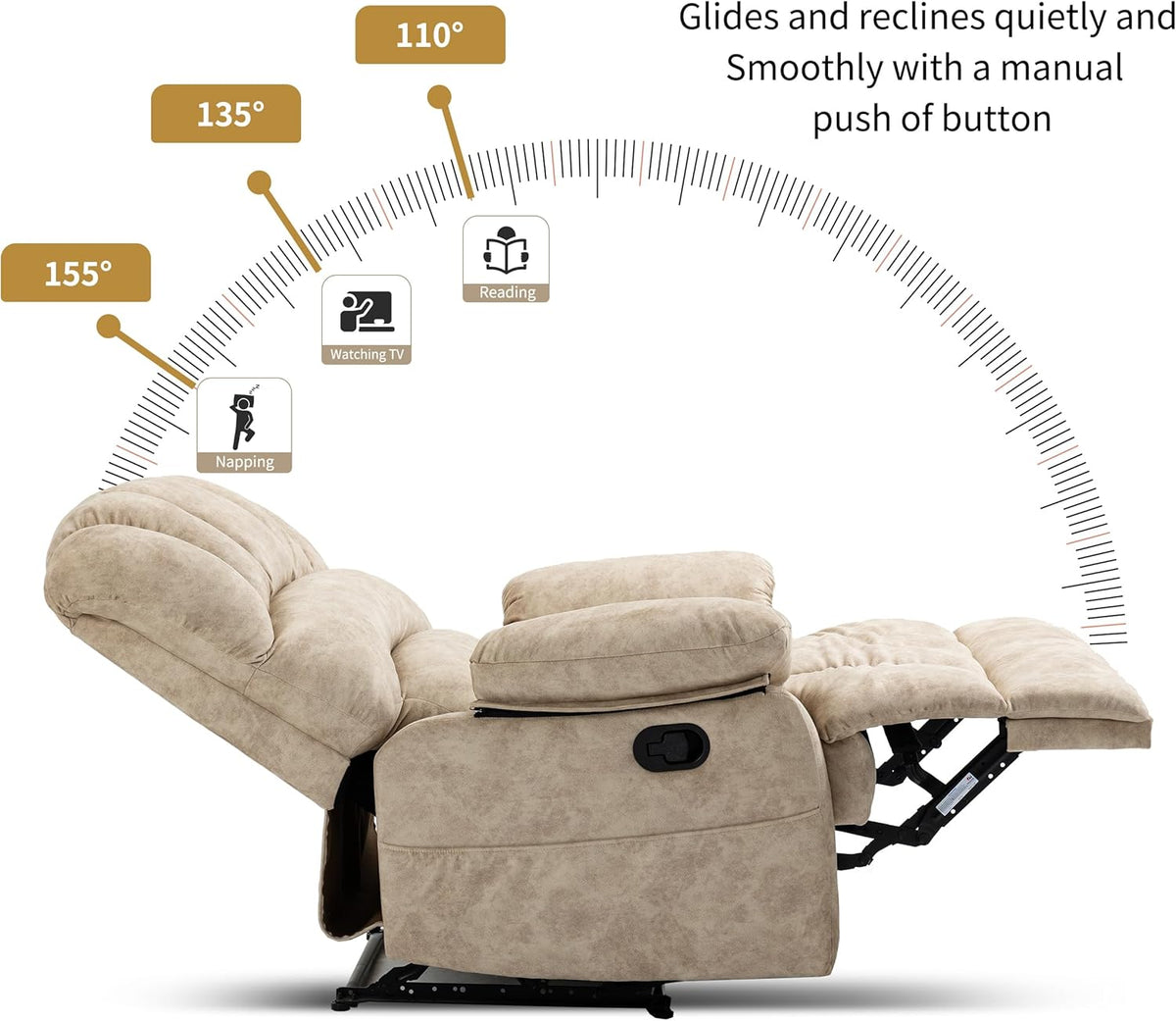 Luxlen Large Manual Recliner Chair,Soft Fabric Push Back Recliner with Overstuffed Armrest and