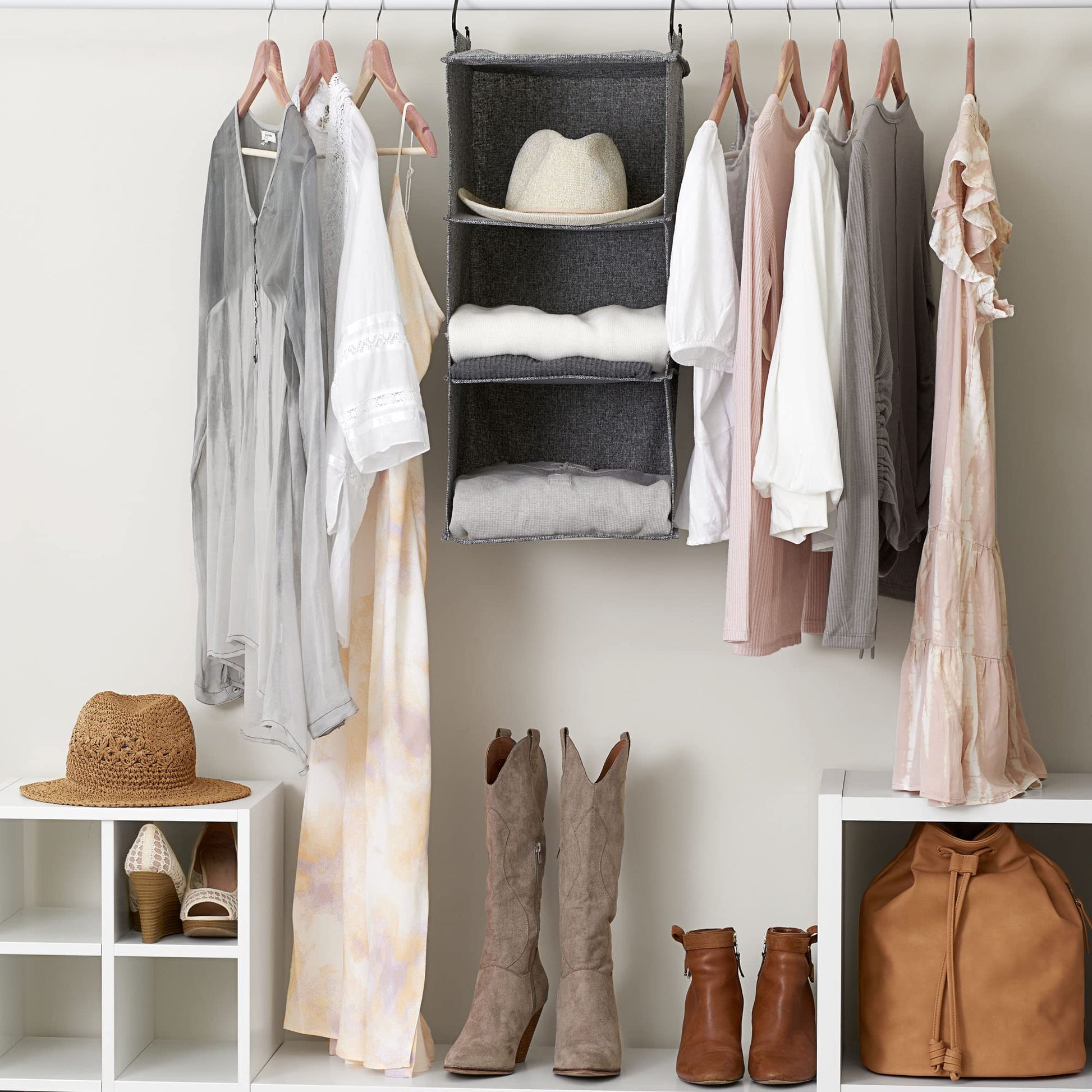 Household Essentials 3‑Shelf Hanging Closet Organizer with Hooks in Poly Linen and PEVA Shelving