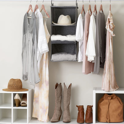 Household Essentials 3‑Shelf Hanging Closet Organizer with Hooks in Poly Linen and PEVA Shelving
