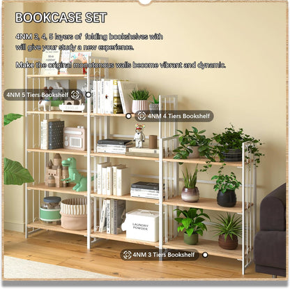 4NM No Assembly 5 Tiers Folding Bookshelf, 59.4" H Foldable Storage Shelves Vintage Bookcase