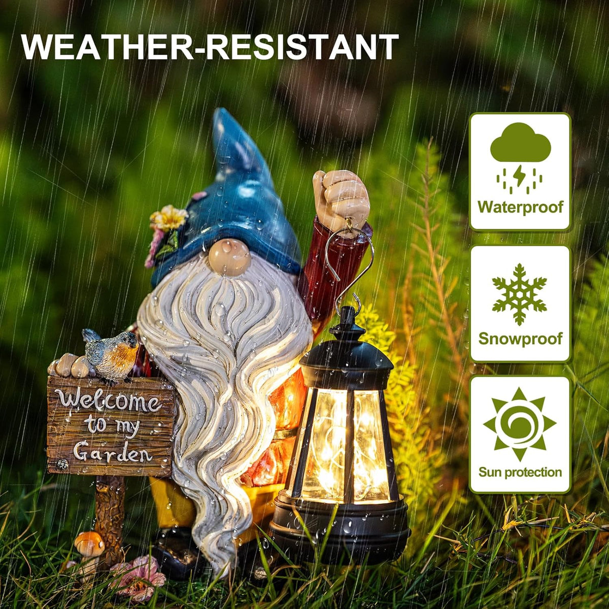 Garden Gnome Statues Figurine Lights - Solar Powered Lighting Outdoor Decorations with Lantern &