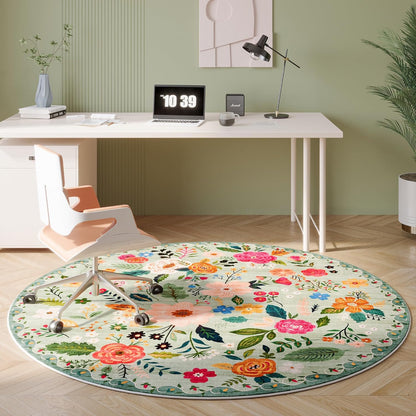 Round Rug 4ft Washable Circle Rug Non Slip Low Pile Boho Floral Small Circular Rug for Bedroom