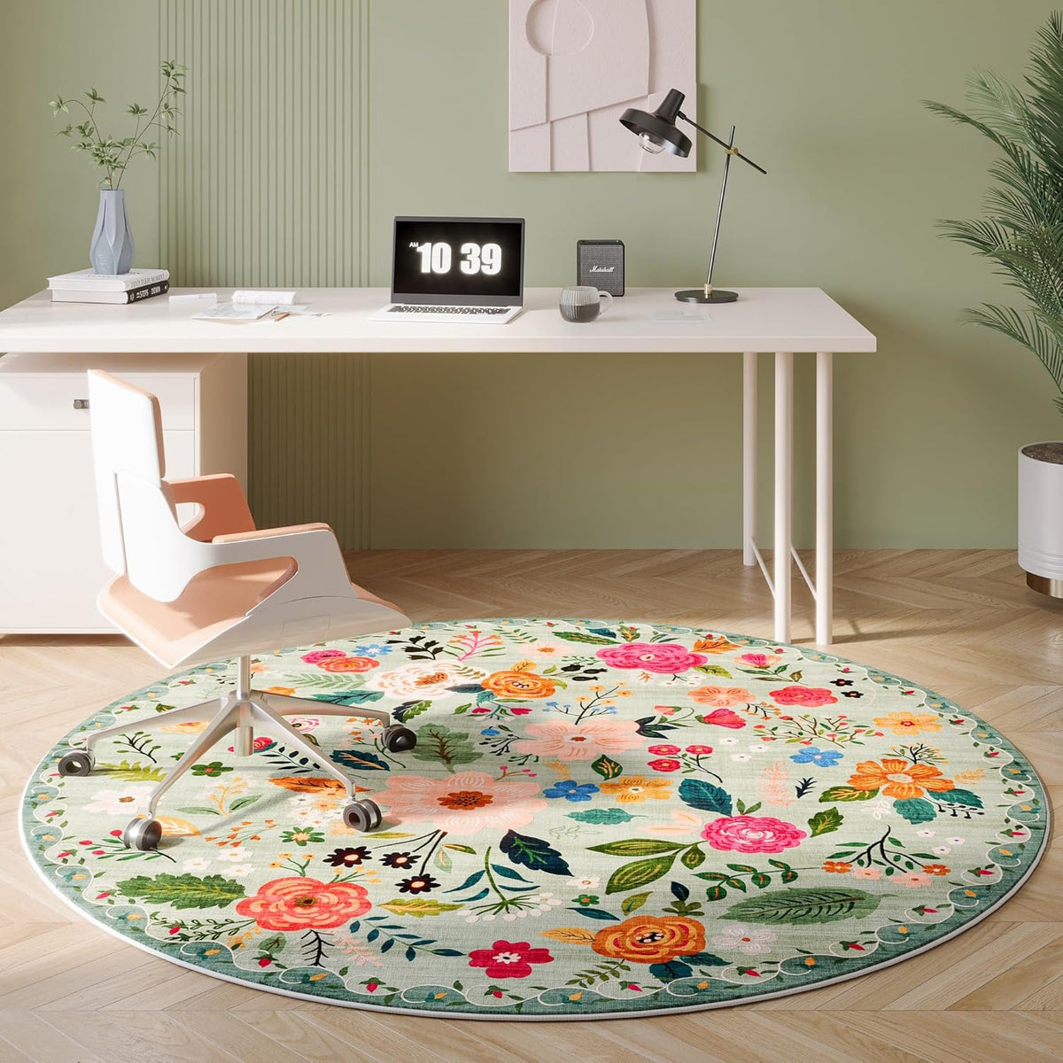 Round Rug 6ft Washable Circle Rug Non Slip Low Pile Boho Floral Small Circular Rug for Bedroom