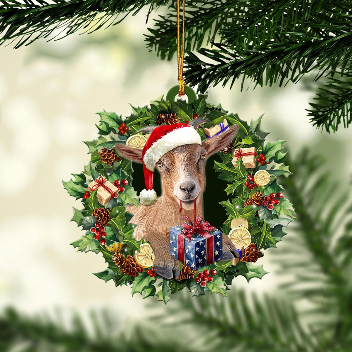 Talataca Goat Wearing A Christmas Hat Wreath Farm Lover 2D Flat Car Rear View Mirror Accessories