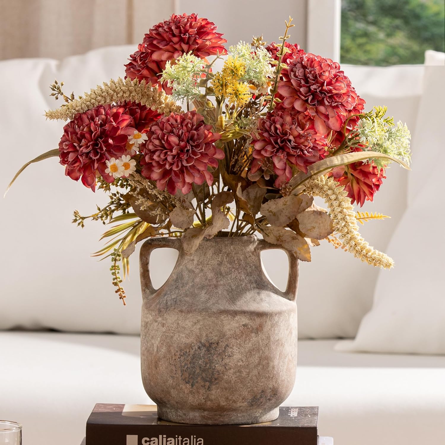 Mitt&Ditt Ceramic Flower Vase with Handles, 8 inch Tall Off-White Vase, Decorative Terracotta