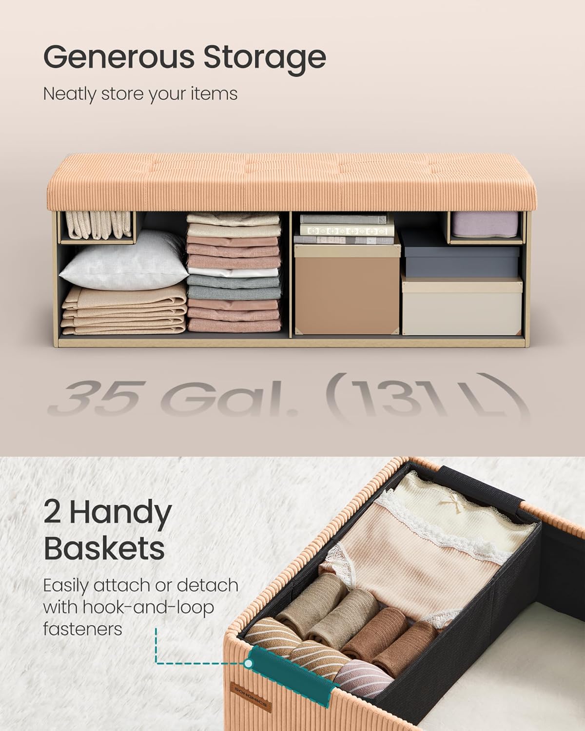 SONGMICS MAZIE Collection - Storage Ottoman Bench, Foldable Foot Rest, 15 x 43 x 15 Inches, End of