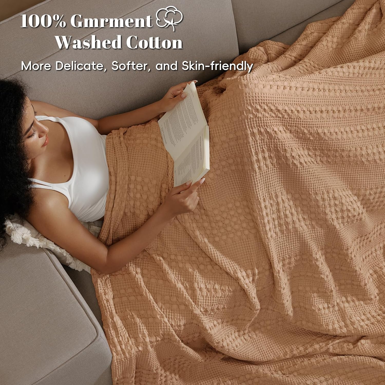 PHF 100% Cotton Waffle Weave Blanket Queen Size, Soft Lightweight Breathable Cozy Summer Blankets