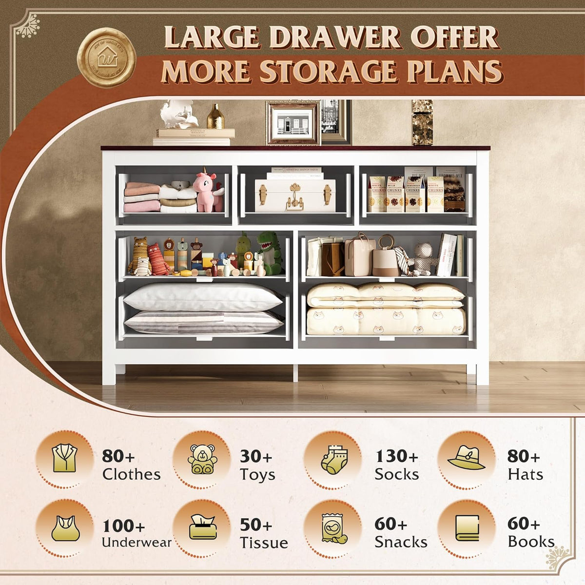 WLIVE Farmhouse Dresser for Bedroom, 51.18'' Wide 7 Drawer Wood Dresser, White TV Stand for 65 inch