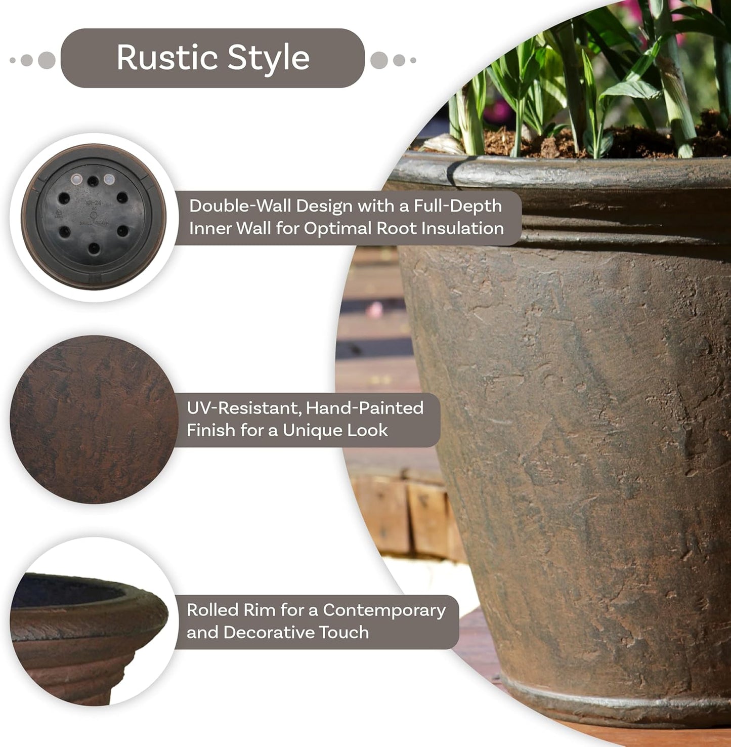 Sunnydaze 24-Inch Anjelica Large Plastic Pot for Plants - Outdoor Polyresin Round Planter with