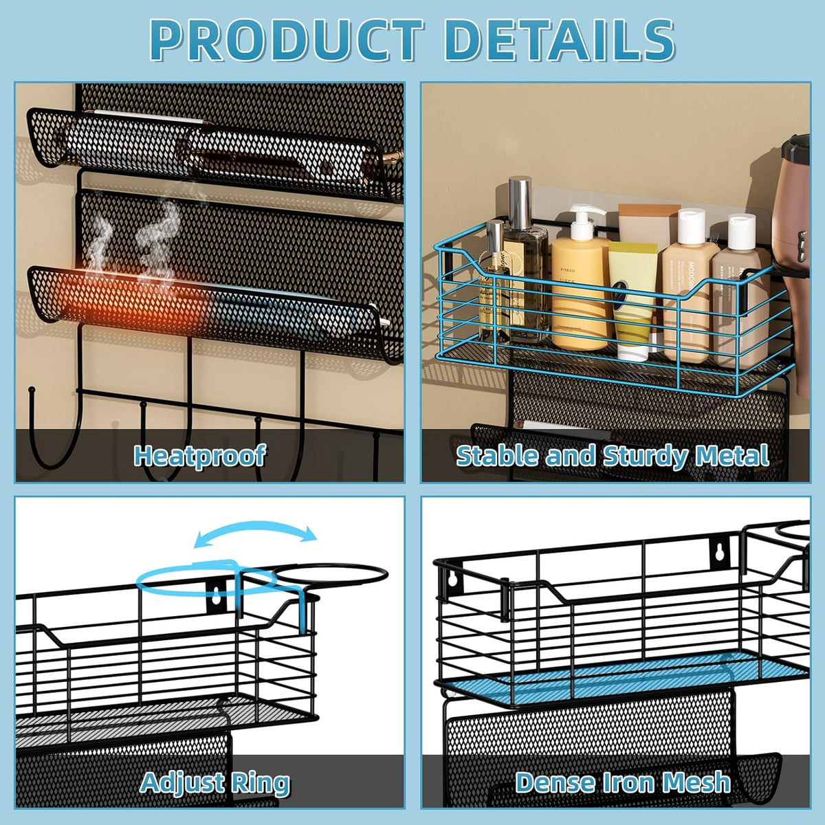 VITVITI Metal Hair Tool Organizer Wall Mount, Hair Dryer Holder with 4 Tier Shelf Basket Hooks