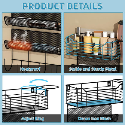 VITVITI Metal Hair Tool Organizer Wall Mount, Hair Dryer Holder with 4 Tier Shelf Basket Hooks