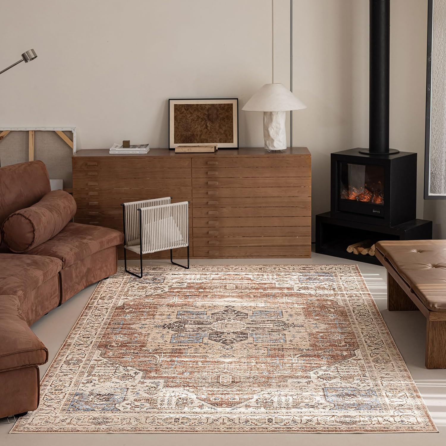 6'x9' Area Rug - Vintage Persian Medallion Design Low-Pile Faux Wool Rug, Non-Slip Backing, Machine