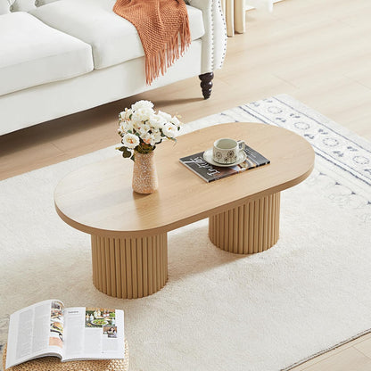 Oval Fluted Coffee Table, Farmhouse Wood Coffee Table Mid Century Modern Center Table Boho Living