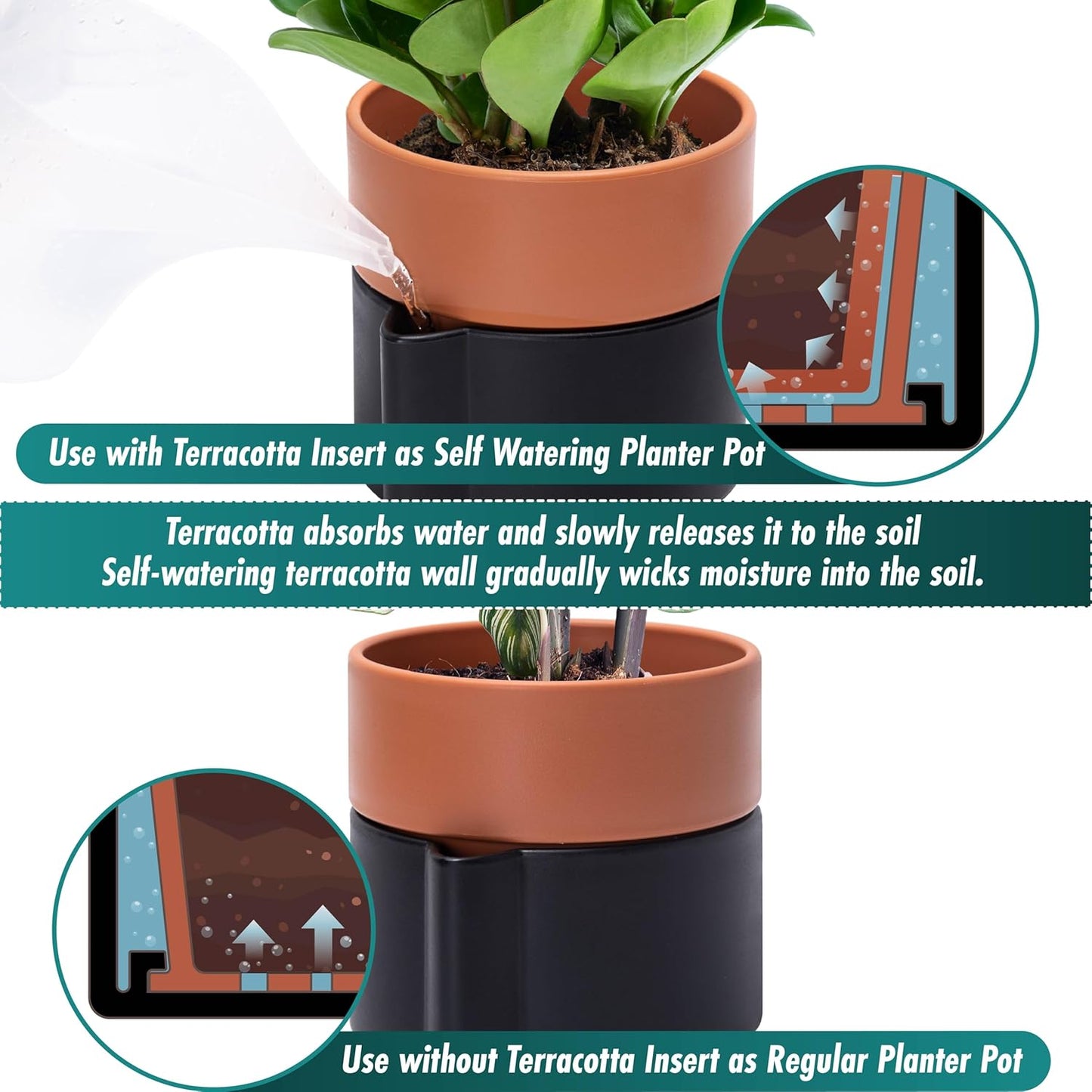 6.5 Inch Self-Watering Planter Pot with Terracotta Insert, Deep Water Reservoir, and Ceramic-Alike