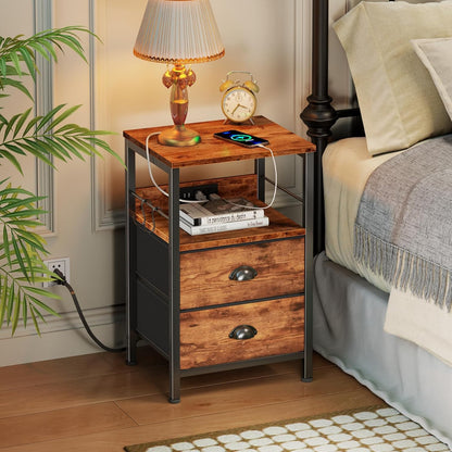 Furologee End Table with Charging Station, Nightstand with Fabric Drawers, Side Table with USB
