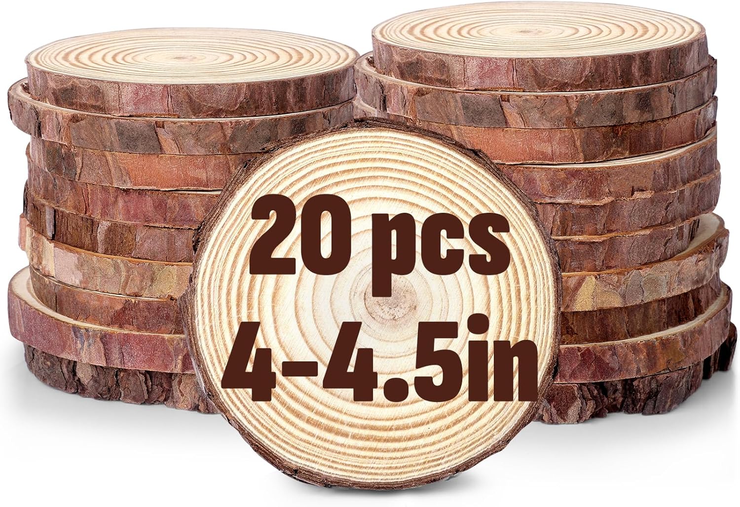 FUMILE Unfinished Natural Wood Slices 4-4.5 Inch, 20 PCS Round Wooden Discs with Tree Bark, Wood