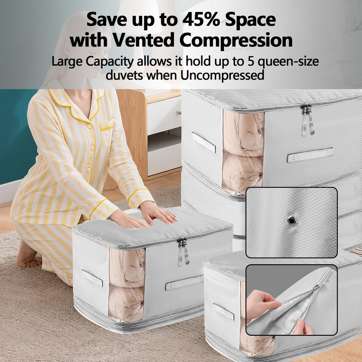 2 Pack Space Saving Comforter Storage Bag with Handle, 3-Layer Compression Blanket Storage Bags