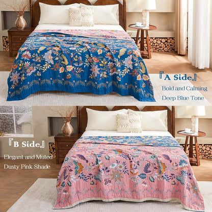 Fall Throw Blanket for Couch, Blue Boho Decorative Throw Blanket, 100% Cotton Muslin Breathable