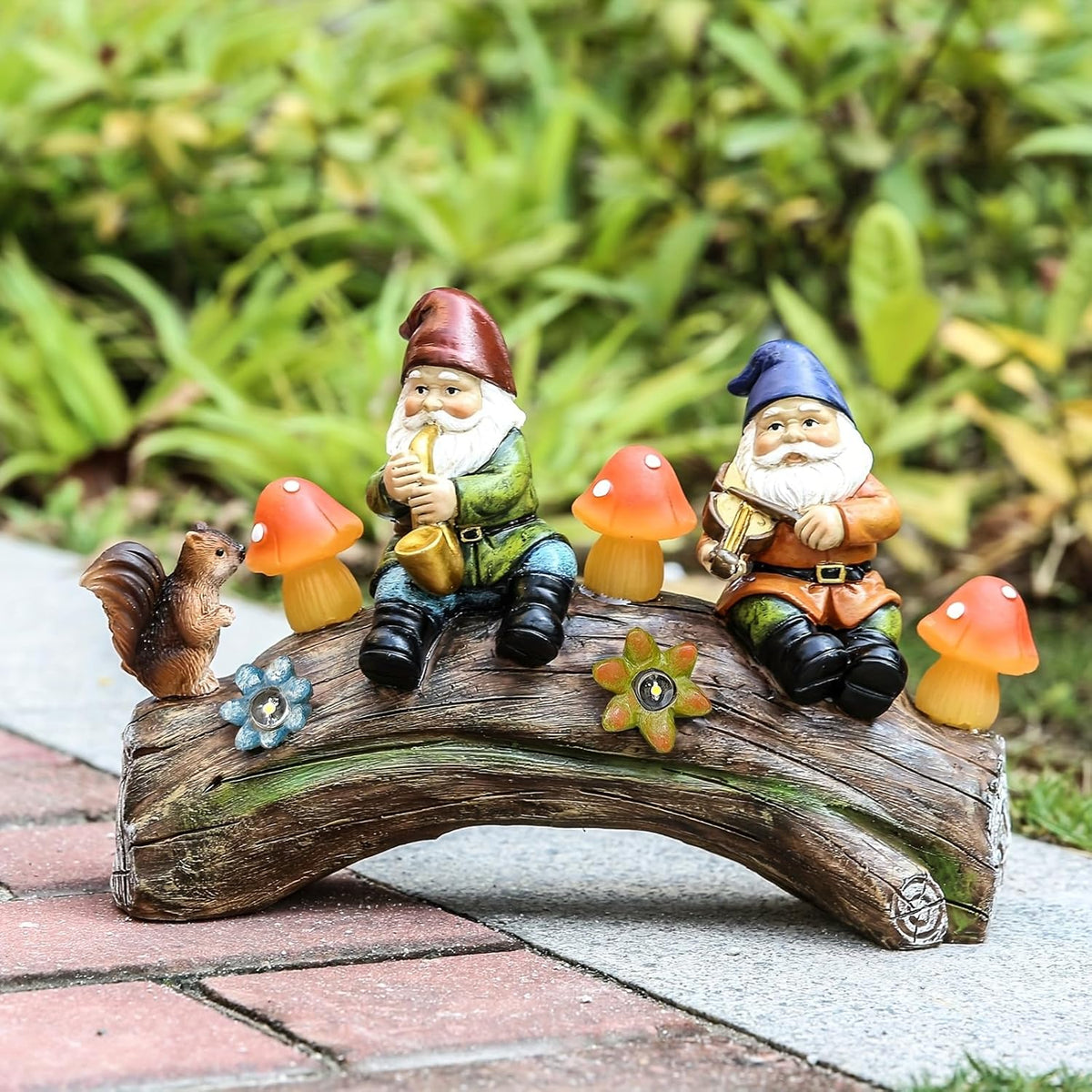 Funny Garden Gnome Statue Solar Powered Mushroom Figurine with Squirrel Gnome Durable Resin Outdoor