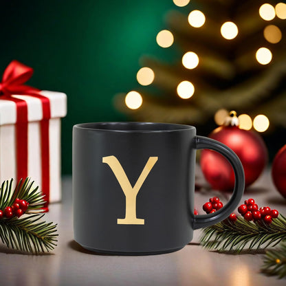 COLLECTIVE HOME - Monogram Ceramic Mugs, 15 oz Golden Initial Black Coffee Cups, Elegant Alphabet