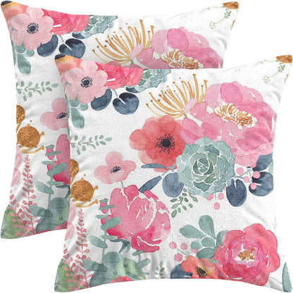 CXMEIFLY Spring Floral Pillow Covers 16 x 16 Inch Set of 2 for Watercolor Pink Flowers Decor Throw
