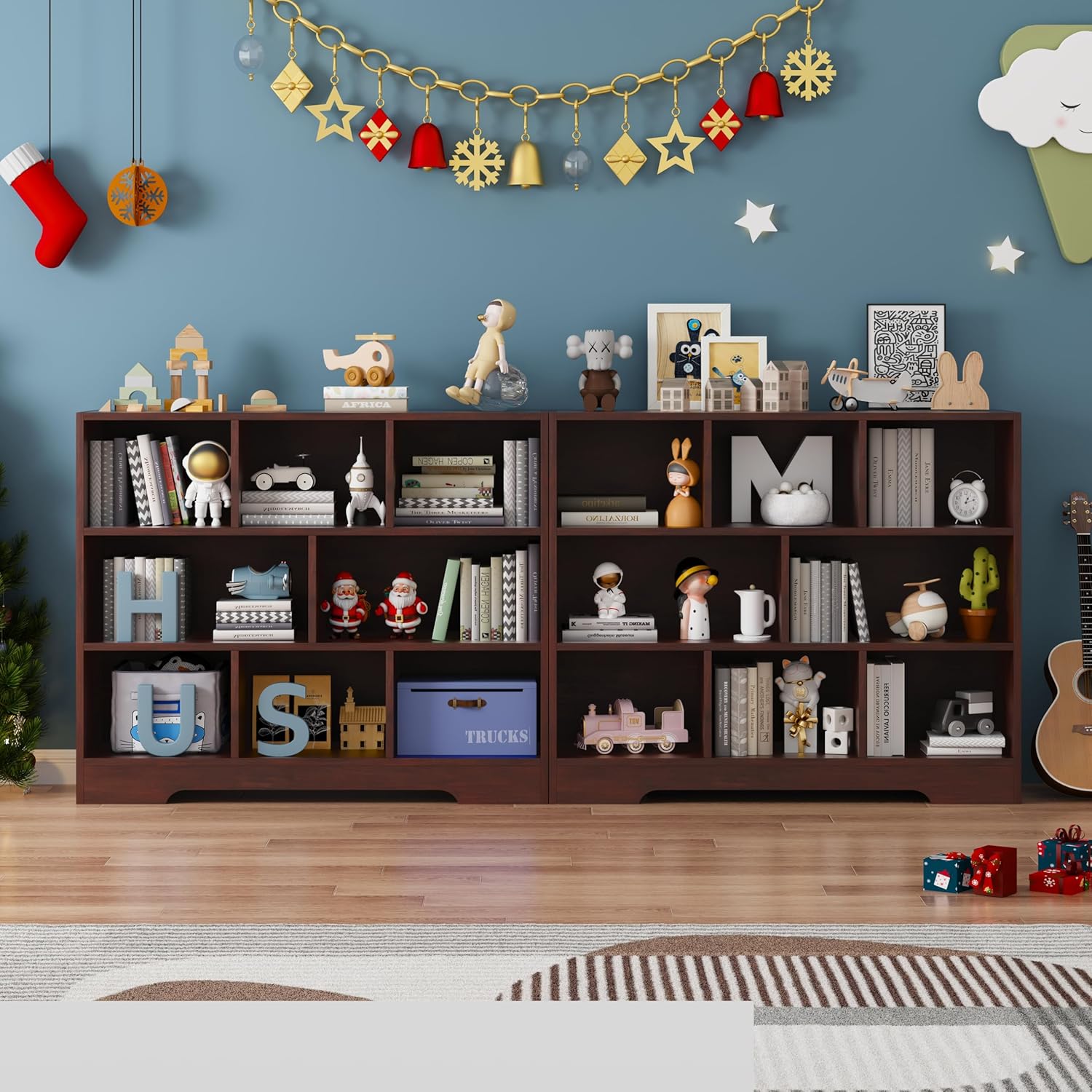 Book Shelf Set of 2, 8 Cubes Storage Organizer, 3-Tier Open Shelf Wooden Bookcase, Freestanding