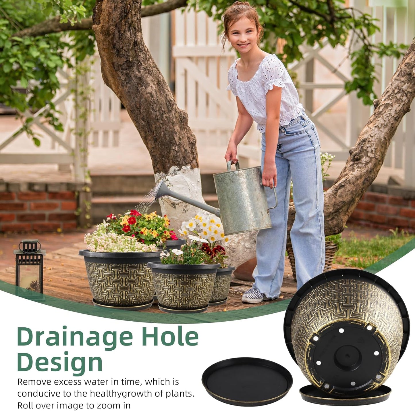 4 Pack 16 Inch Planter,Large Plastic Flower Pots Outdoor Indoor with Drainage Holes & Trays, Retro