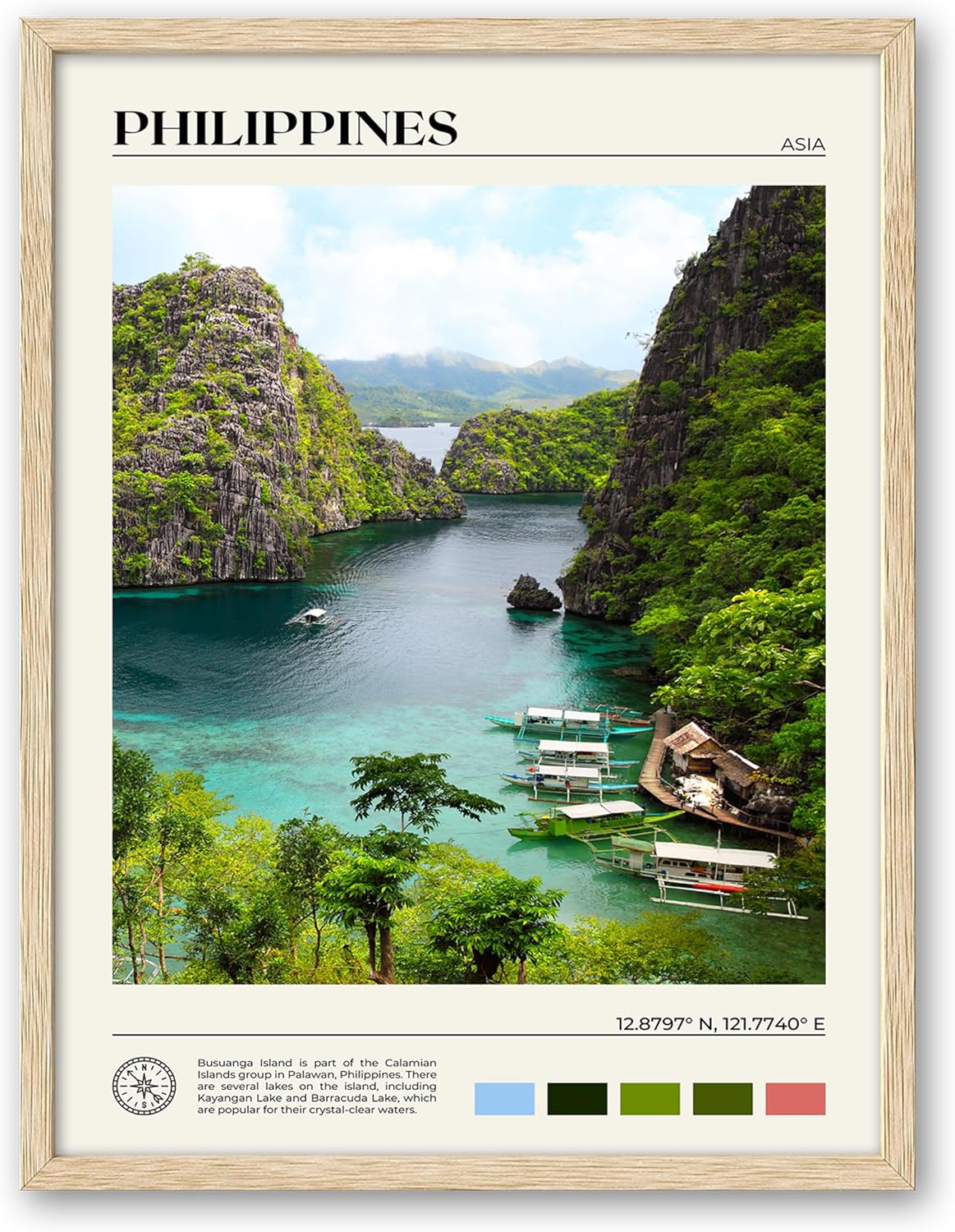 HesenDot Natural OAK Wood Framed Philippines Natural Scenery Wall Art,12x16in Busuanga Island