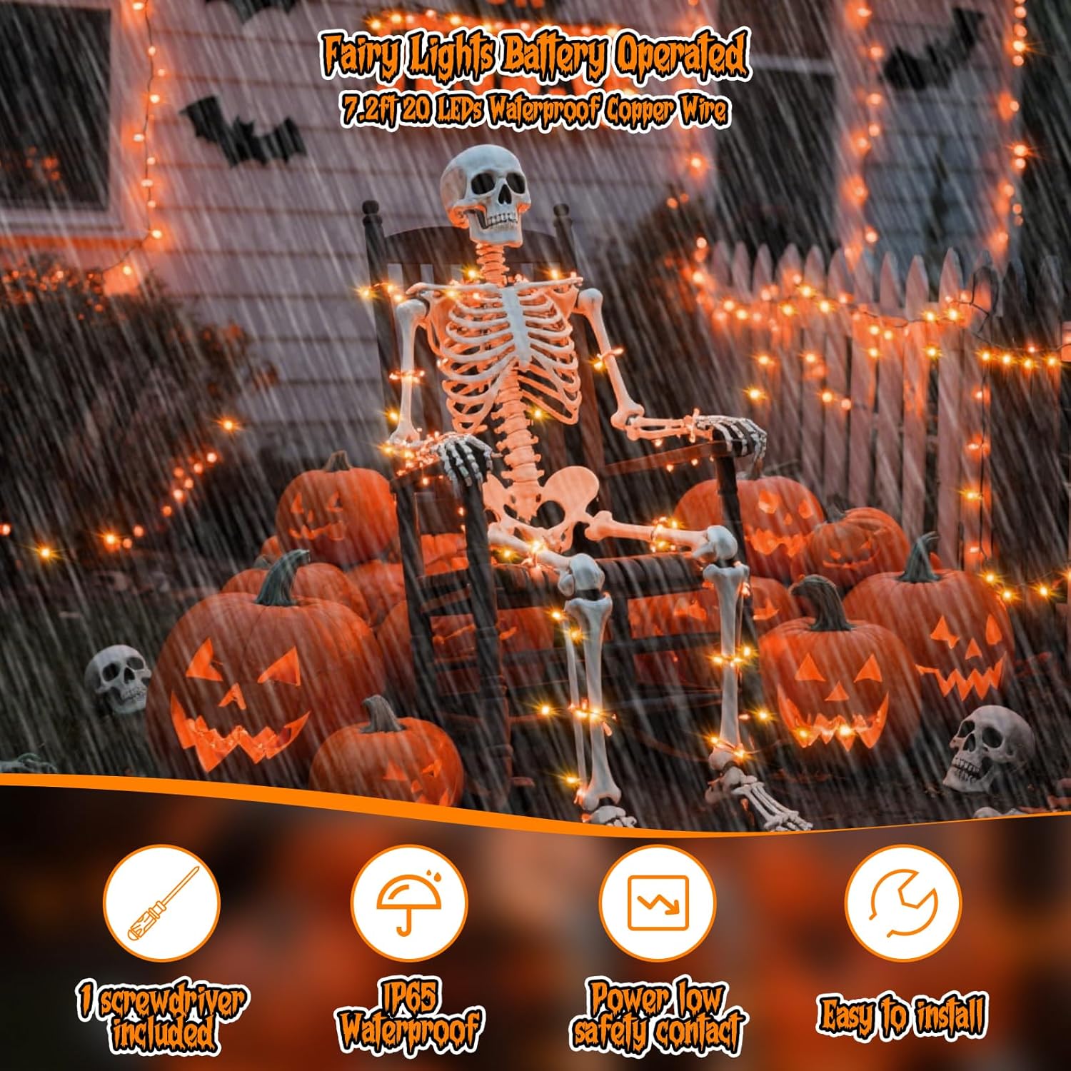 TingMiao Halloween Orange Fairy Lights Battery Operate,7.2ft 20 LEDs String Lights Silver Copper