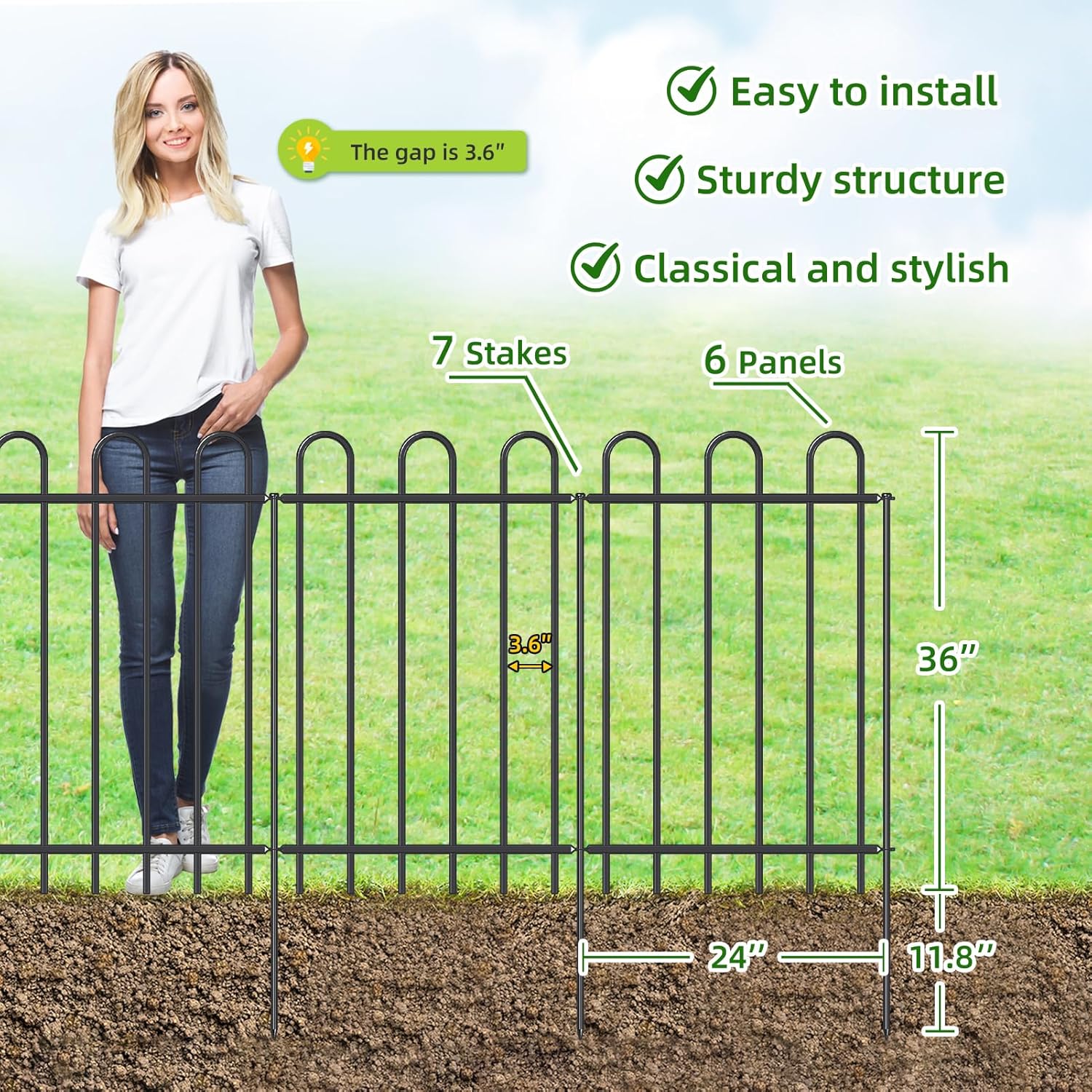 Metal Garden Fence 36 in H x 12 ft L, No dig Garden Border Yard Fencing, Dog Fence Outdoor