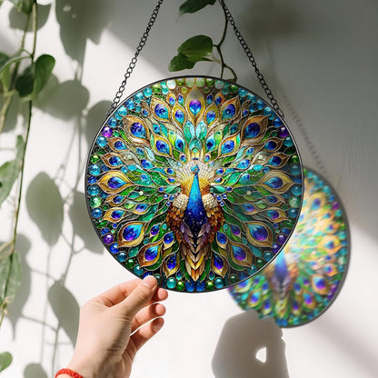 Stained Glass Window Hanging, LAOWEIKI 8'' Peacock Suncatcher, Stained Glass Ornament, Suncatchers