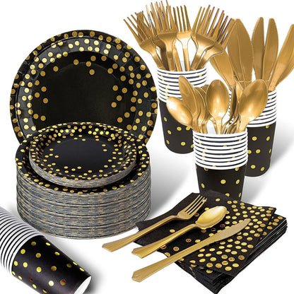 AIRE 175PCS Black and Gold Paper Plates Party Supplies for 25 Guests Disposable Party Decorations