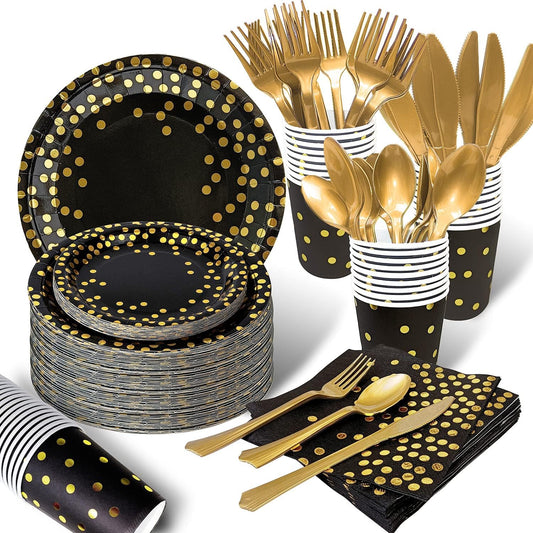 AIRE 175PCS Black and Gold Paper Plates Party Supplies for 25 Guests Disposable Party Decorations
