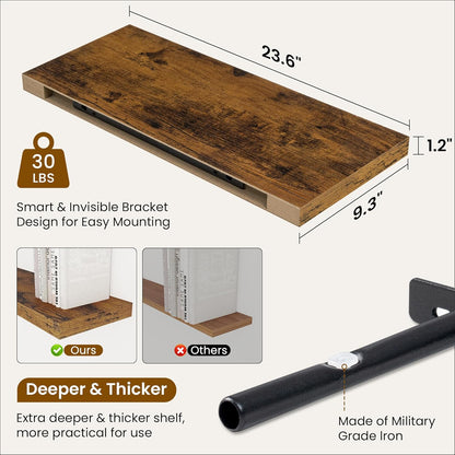 Fun Memories 24 Inch Floating Shelves for Wall, 9 Inch Deep Brown Rustic Wood Wall Mounted Shelves