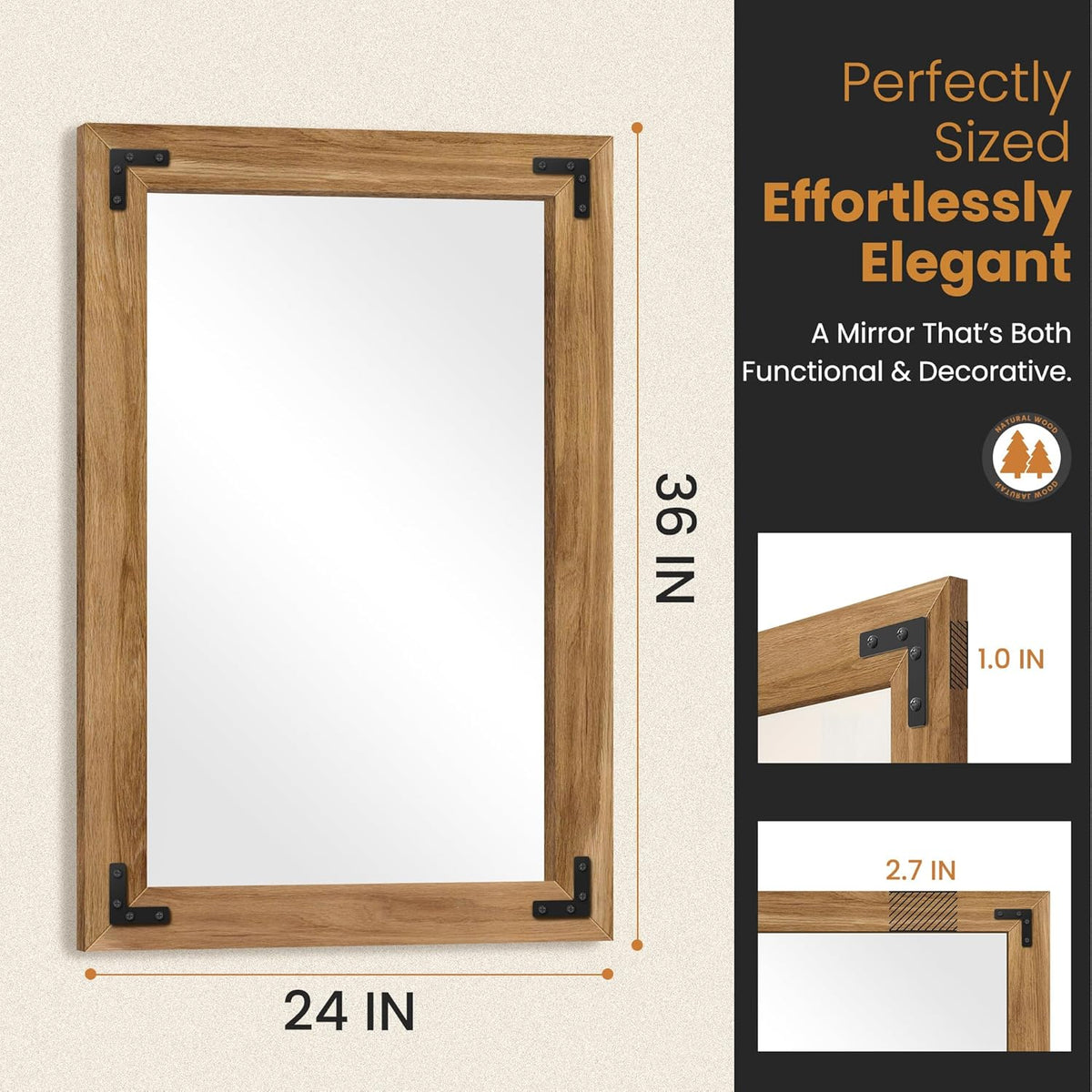 Bathroom Mirror for Wall with Wooden Frame, 36"x24" Solid Wood Vanity Mirror for Farmhouse