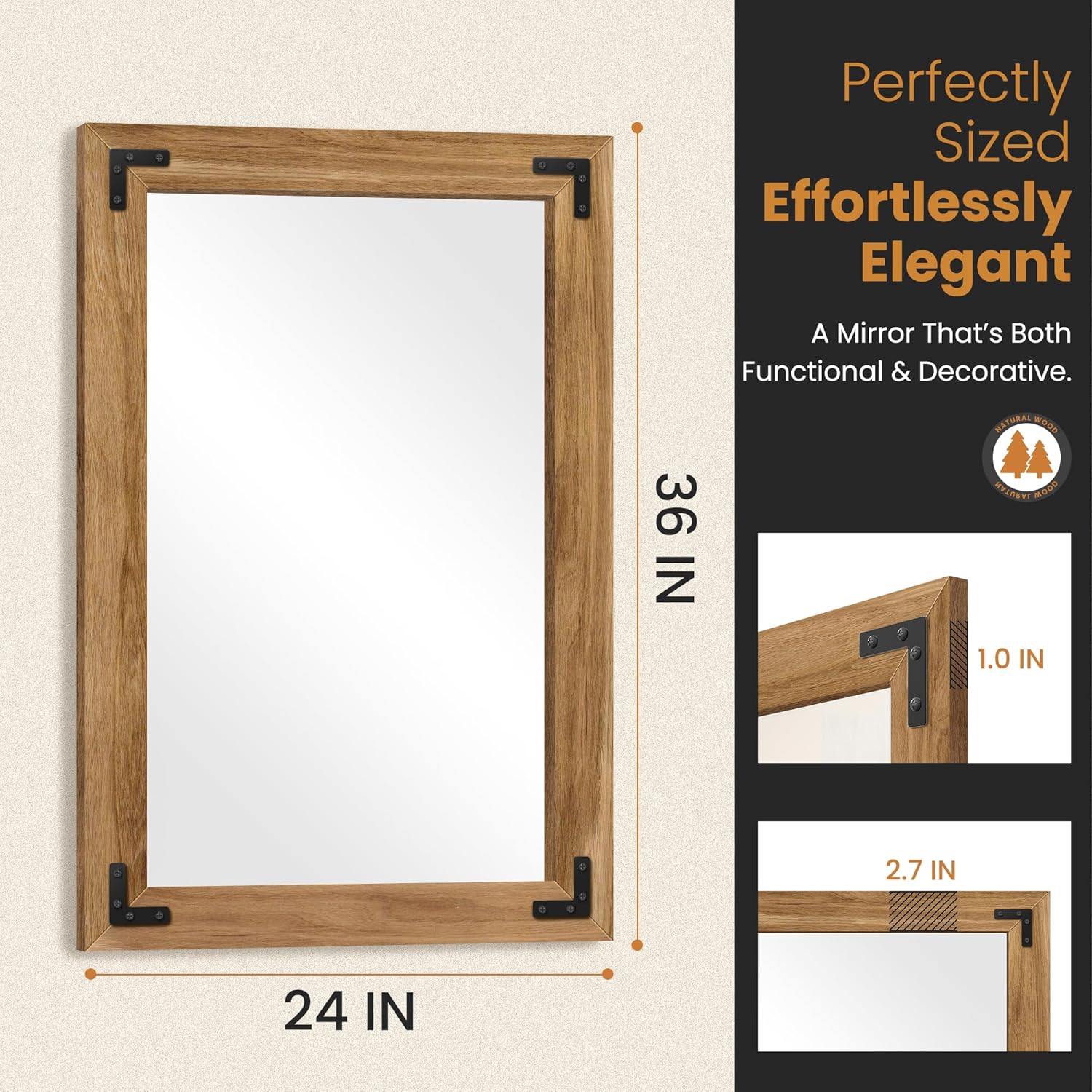 Bathroom Mirror for Wall with Wooden Frame, 36"x24" Solid Wood Vanity Mirror for Farmhouse